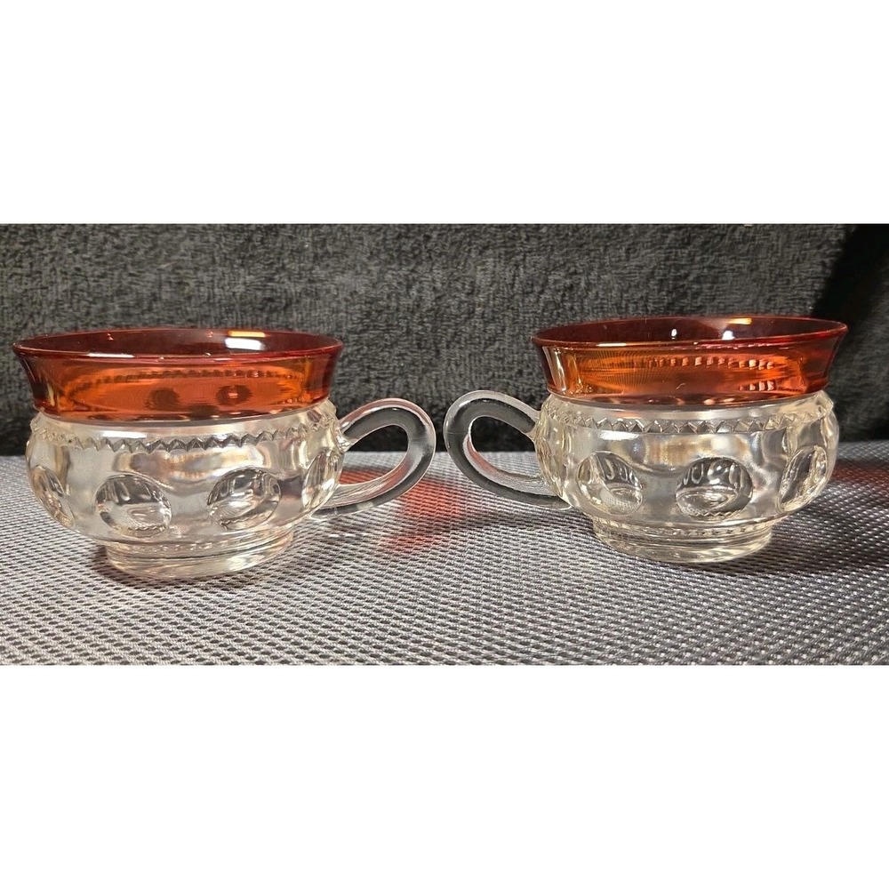 Set Of 2 Indiana Glass Kings Crown Cranberry Thumbprint Punch Or Snack Glasses